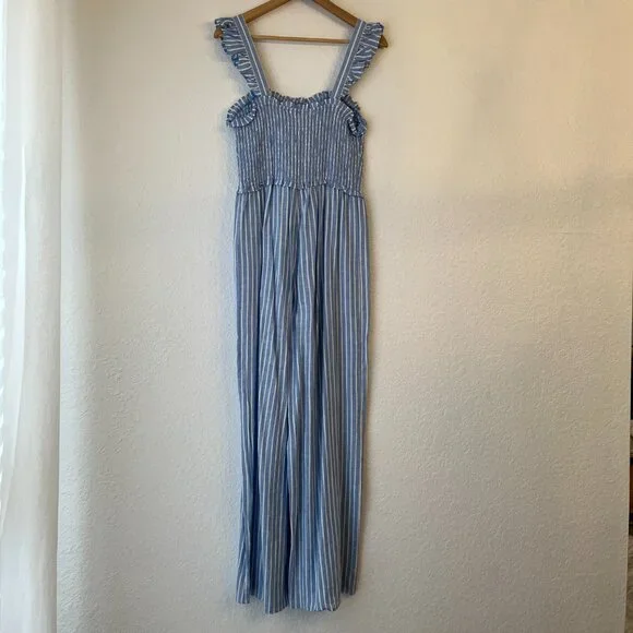 H&M Blue Striped Linen Blend Smocked Jumpsuit Small Beachy Coastal Nautical - Picture 5 of 13